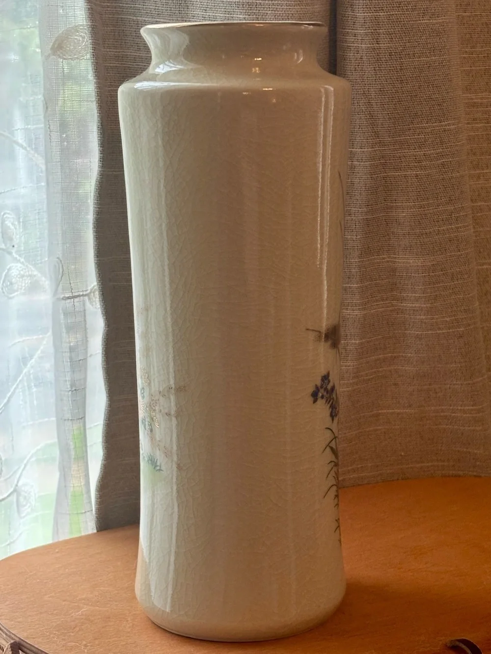 Vintage Otagiri Japan Porcelain Gilt Crackle Glaze Vase Quail Chrysanthemum 11”